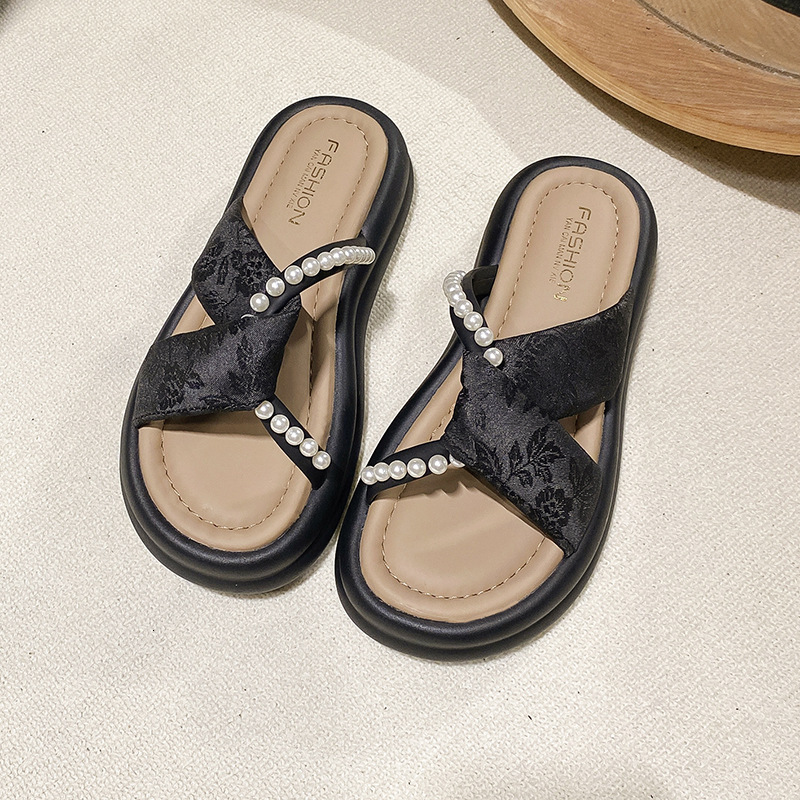 Ddmyoutdoor Platform Fairy Style Slippers Outdoor Summer New Fashion Roman Pearl Wedge Sandals For Women Trendy Outdoor Shoes