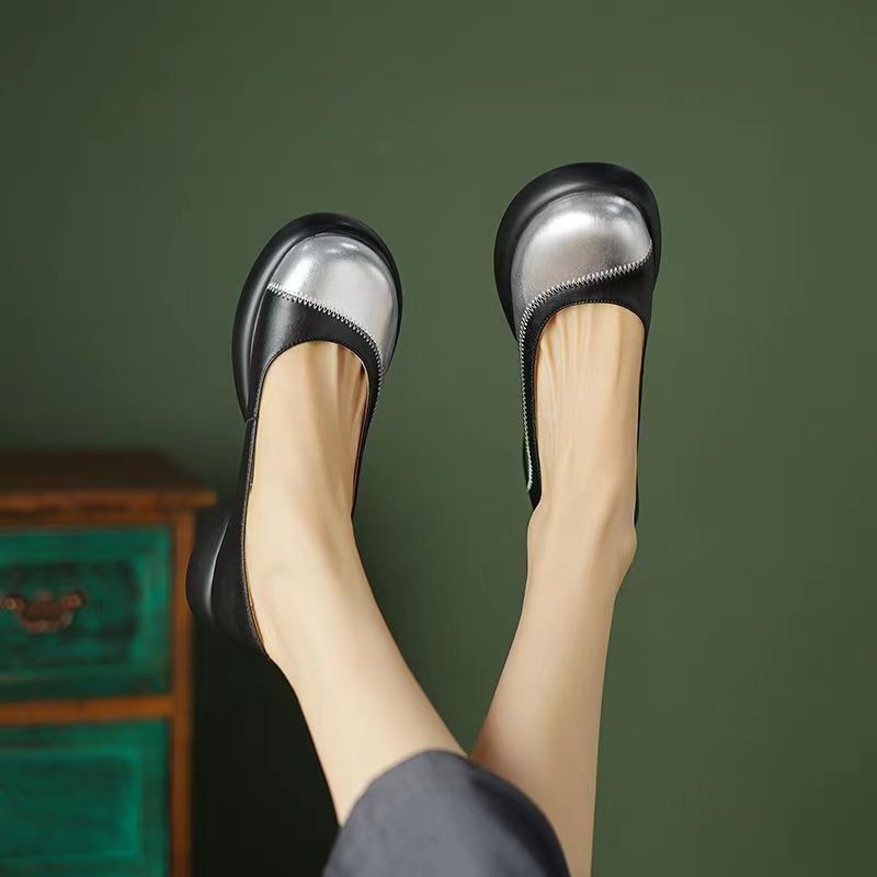 Ddmysports French Style Women S Color Block Fashion Chunky Heel Versatile Round Toe Soft Sole Small Leather Shallow Mouth Single Princess Shoes Outdoo