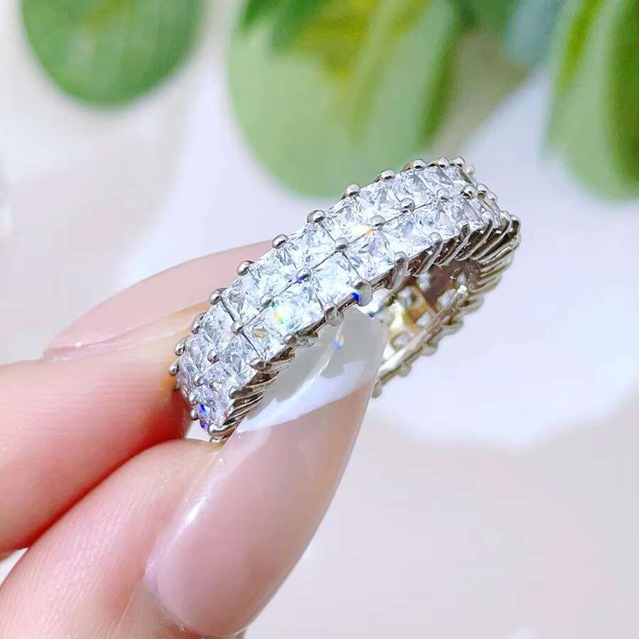 FOXI Tennis Double Row Princess Square Moissanite Eternity Ring 925 Sterling Silver Moissanite Diamond Eternity Band Ring
