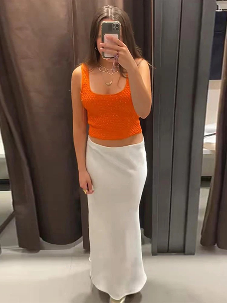 Elegant Sequined Orange Cardigans Women Y2k Oneck Short Sleeve One Button Female Tops Street Summer Lady Chic Knitwear 250612