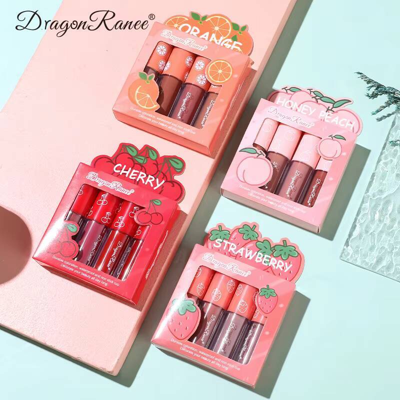Mini Velvet Matte Gloss Set 4pcs Glaze Non-Stick Cup lipstick Long-Lasting Fruit Scented Lip Tint Makeup Lips Cosmetics happy