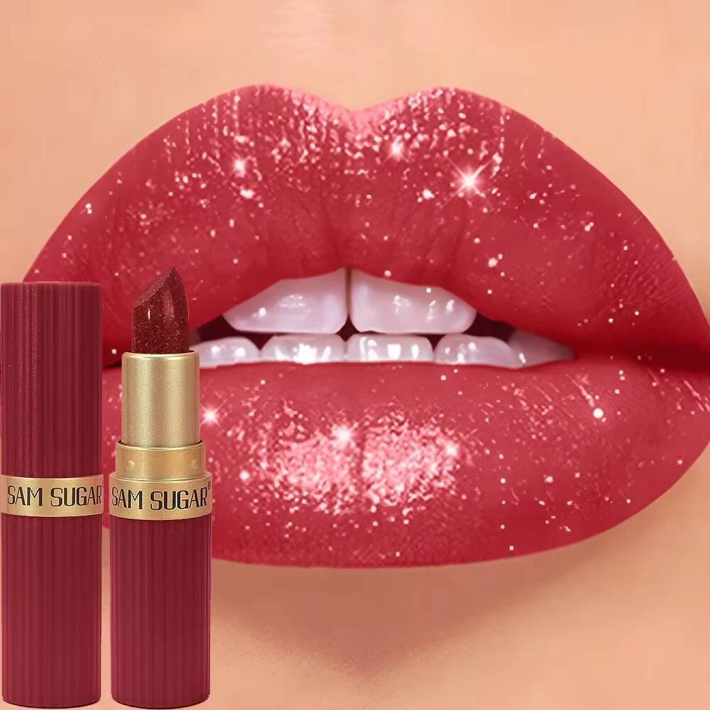 6 Colors Bar Tube Lipstick Diamond Pearlescent Glitter Gold Pink Lips Stick Long-Lasting Non-Sticky High-Shine Makeup happy