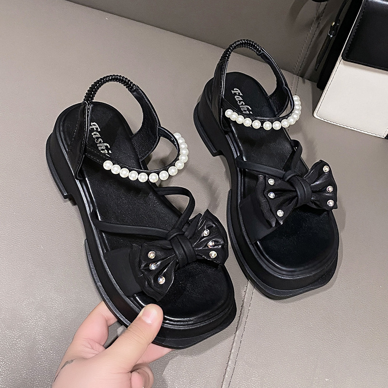 Ddmyoutdoor High Heel Sandals For Women New Summer Bowknot Fairy Style Thick Sole Pearl Strap Fashion Roman S Shoes Outdoor Shoes