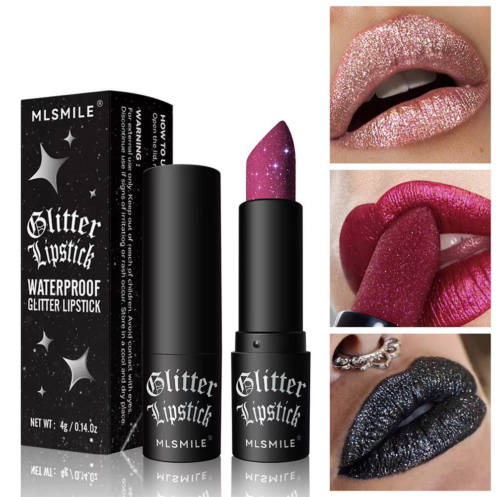 7Colors Glitter Waterproof Long Lasting Diamond Pearlescent Metallic Lipstick Black Lipgloss Women Lips Makeup Cosmetic happy