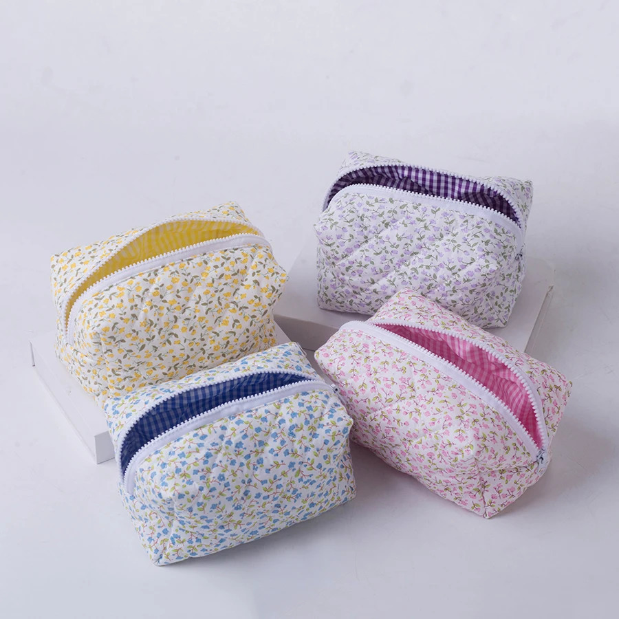 Storage Organizer Floral Puffy Quilted Makeup Bag Flower Printed Cosmetic Pouch Large Travel Accessory 250614