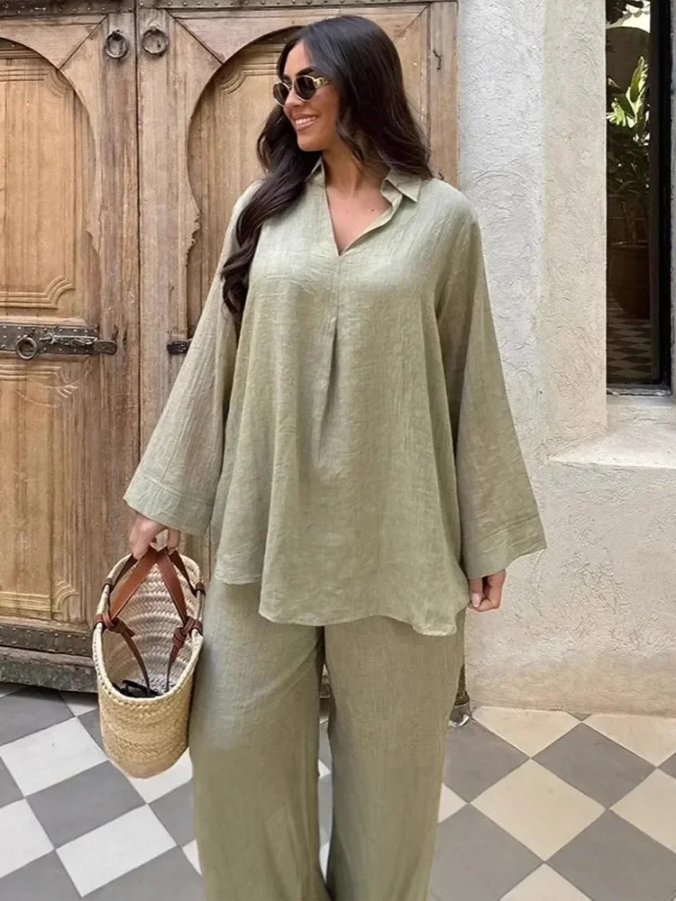 Solid Cotton Linen Shirt Pants Set Women Casual V Neck Full Sleeve Blouse Loose Wide Leg Trousers 2025 Lady Holiday Outfits 250529