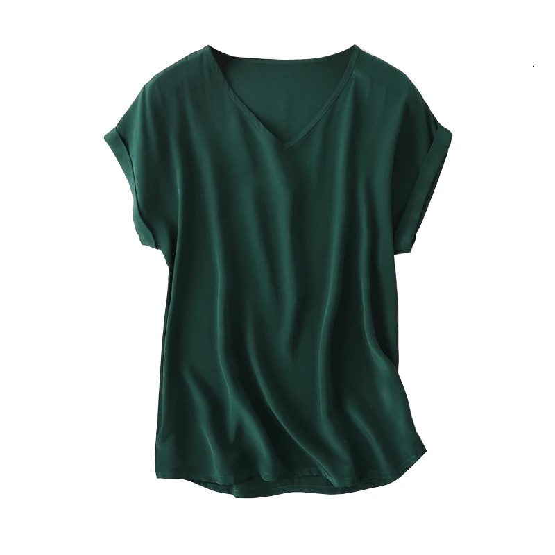 Womens Summer plus Size 100% Mulberry Silk Shirt V Neck Short-Sleeved Solid Color Natural Fabric Casual Cause Clothing 250609