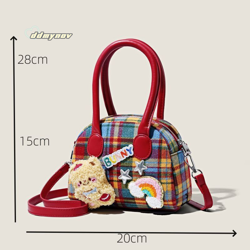 Exquisite Plaid Ins for Women Cute Little Brown Bear Fashion Handbag High Appearance Commuter Coin Purse Crossbody Bag ddmynov