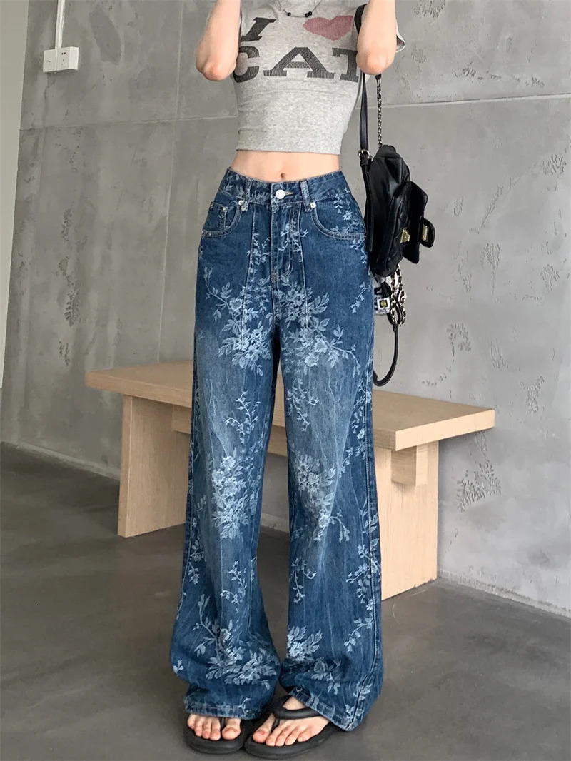 Premium Y2K Jeans Artistic Floral Printed Distressed Denim Relaxed Straight Leg Palazzo Pants 2664 250612