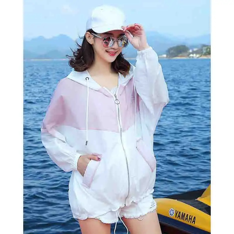 Korean Summer Female Hooded Splicing Long Sleeved Sun Protection Coat Women Students Loose Fitting Sunscreen Jacket 250611