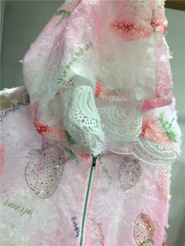 Women Drilling Diamonds Beaded Sunscreen Hoodies Shirts Coat Strawberry Butterfly Lace Spliced Blouses Zipper Cardigan Tops 250611