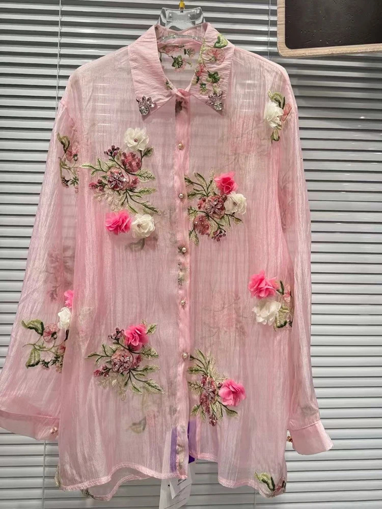 Woman Diamonds Beaded 3D Flowers ed Chiffon Shirt Floral Crystal Net Yarn Blouses Sun Protection Gauze Rhinestones Tops 250611