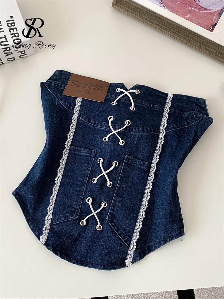 SINGREINY Denim Camisole Female Strapless Cross Ruched Backless Lace Mini Top Fashion Elastic American Retro Sexy Tank Top 250611