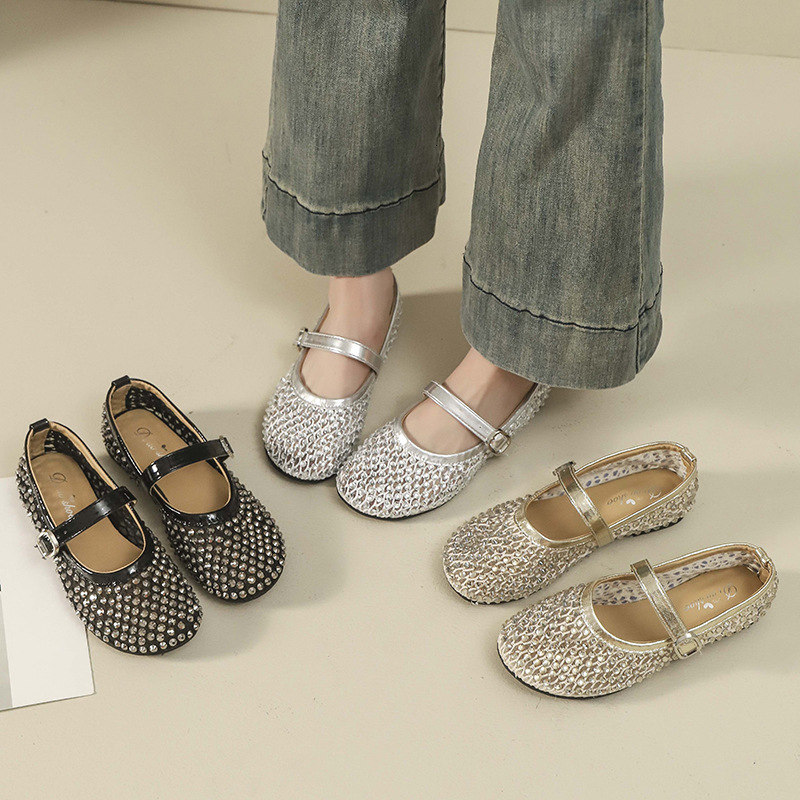 Ddmyoutdoor French Style Rhinestone Mary Jane Shoes For Women Hollow Gentle Evening Breeze Summer New Match With Skirts Flat Loafers Outdoor Shoes