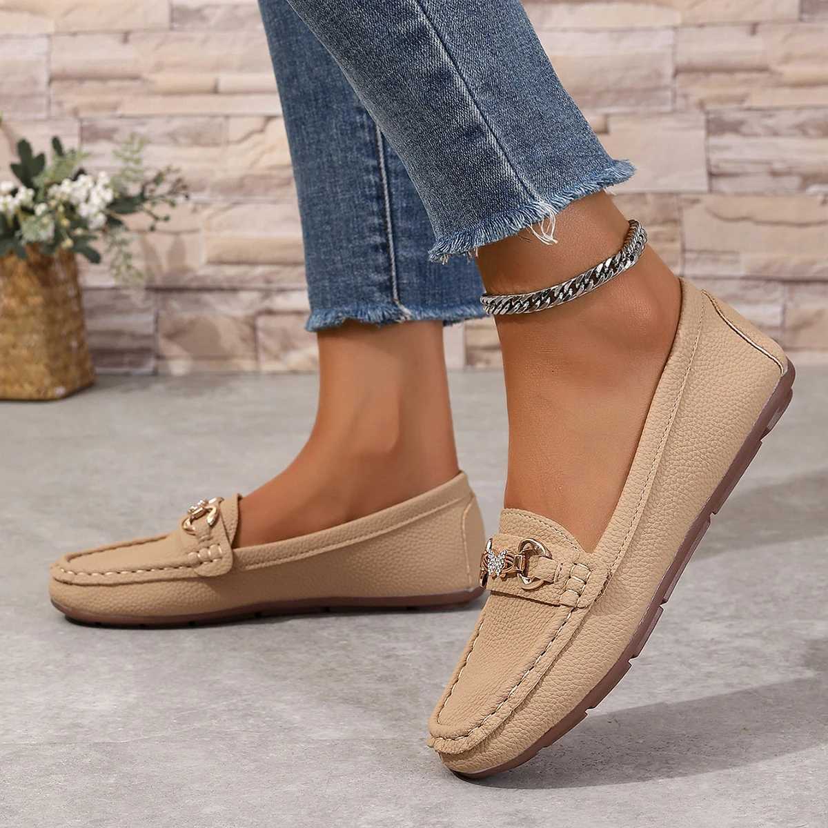 Spring Autumn New Bean Shoes Female Women Round Head Low Heel Knot Chain Casual Footwear Mother Shoes Lady Loafer XJ250614