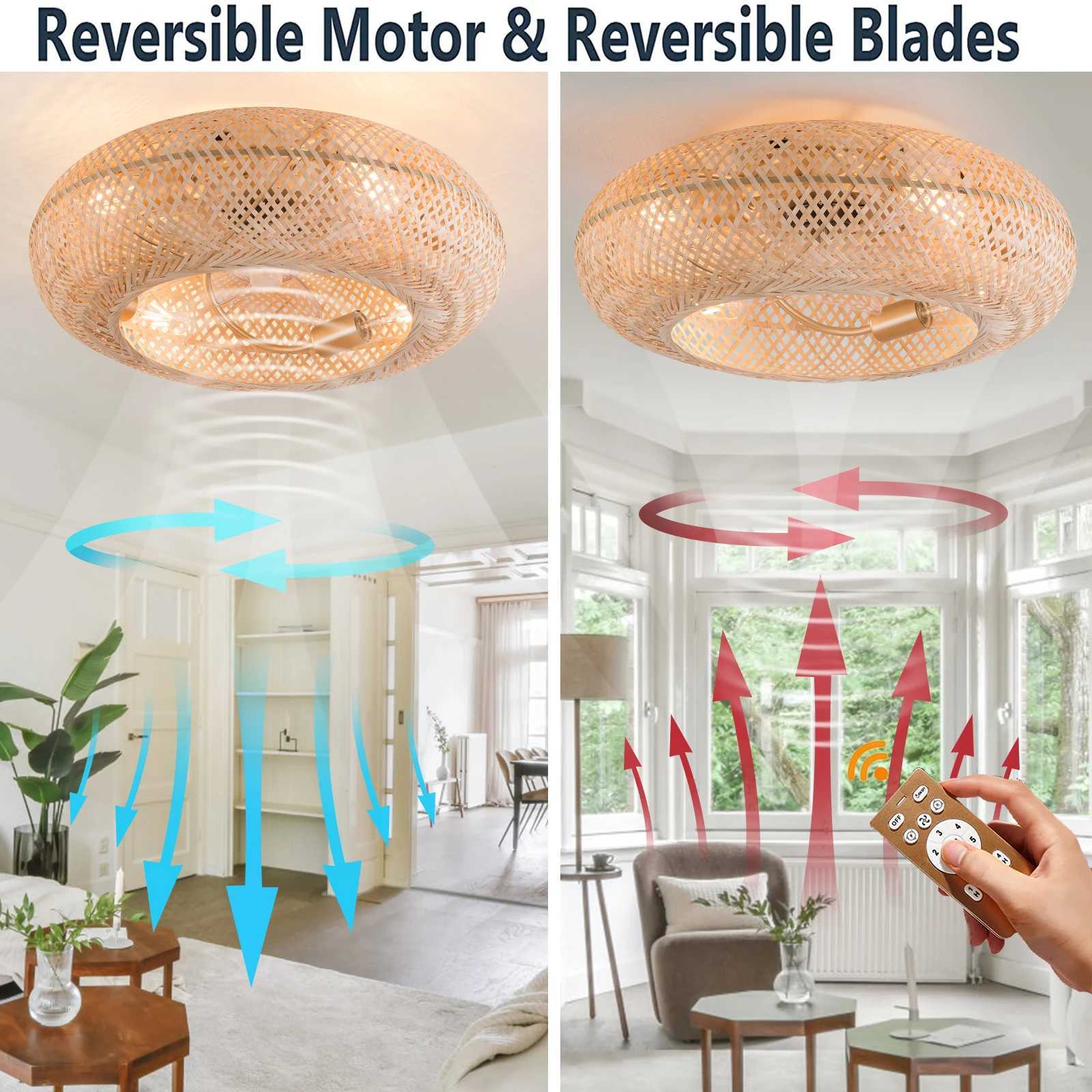 Modern LED Ceiling Fans With Light Bamboo Rattan Hand-Woven Retro Ceiling Lamp With Fans Remote Control 110V XJ2500613