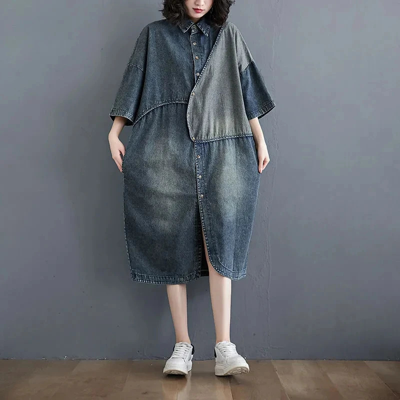 VWBQNZ Oversized Short Sleeve Denim Dress 2025 Summer Fashion Loose Vintage Splice Denim Dress Women Casual Clothing 250609
