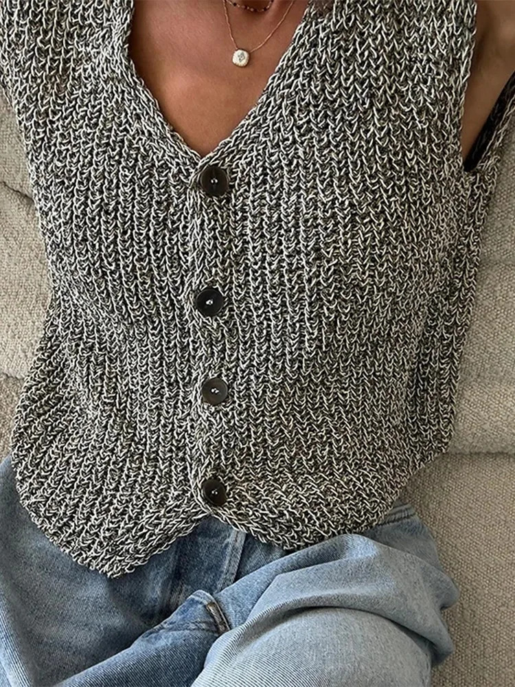 Female Casual Slim Fit Sleeveless Single Breasted V Neck Crop Top Elegant Knit Vest for Women Fashion Lady Outerwear 250612
