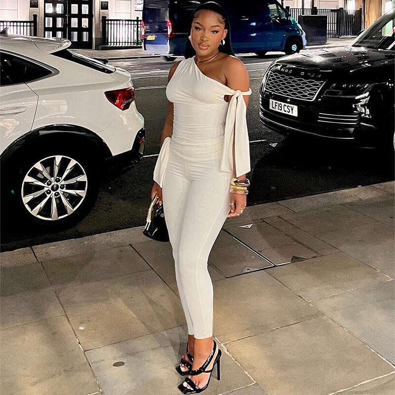 Summer New Women's Fashion Tie Strap Off-Shoulder T-Shirt High-Waisted Bodycon Casual Pants Set For Women B5