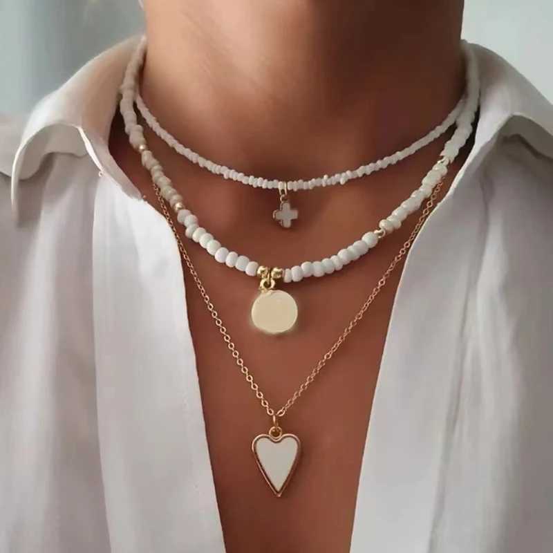 Bohemian Multilayer Handmade Beads Chain Fashion Necklaces Oil Heart Cross Pendant Jewelry For Women Accessories X0189 Z250614