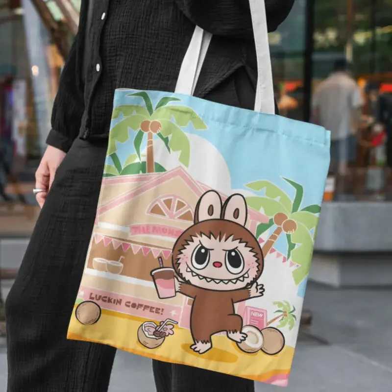 Kawaii Labubu Tote Anime Handbag Student Portable Canvas Makeup Shopping Storage Bag Travel High-Capacity Girls Birthday Gifts Z250614