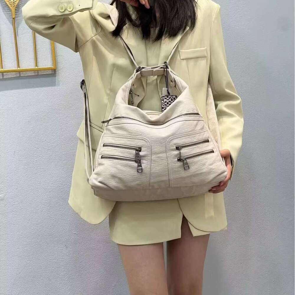 New Large Capacity Washed PU Women's Trendy Fashion Shoulder Versatile Backpack Soft Leather Crossbody Multi-use Bag
