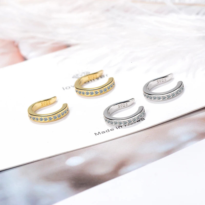 Fashion Fine Zircon 925 Sterling Silver C Type Clip Earrings Punk Rock Unisexual Rhinestone No Hole Ear Clip Earring Jewelry 250610