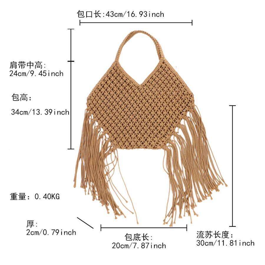 Summer Tassels Grid Woven for Women Irregular Handbags Knitted Beach Shoulder Large Tote Hollow Out Daily Shopper Bag