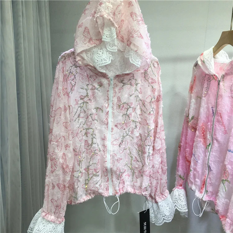 Women Drilling Diamonds Beaded Sunscreen Hoodies Shirts Coat Strawberry Butterfly Lace Spliced Blouses Zipper Cardigan Tops 250611