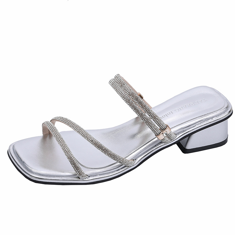 Ddmyoutdoor Rhinestone Fairy Stunning Silver For Women Summer New French Style Chunky Mid Heel Two Way Slip On Sandals Outdoor Shoes