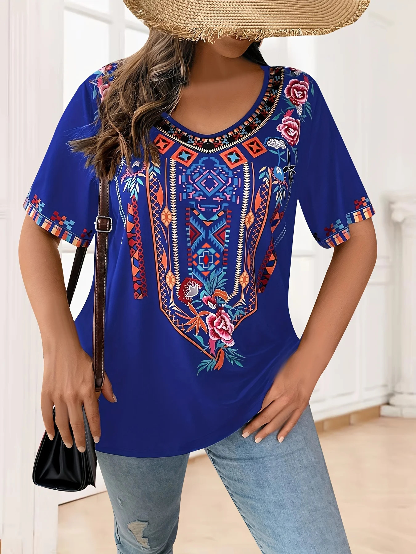 Plus Size Womens TShirt Boho Harajuku Graphic Print Summer Short Sleeve Casual Tops Street Fashion Female Clothing 250614