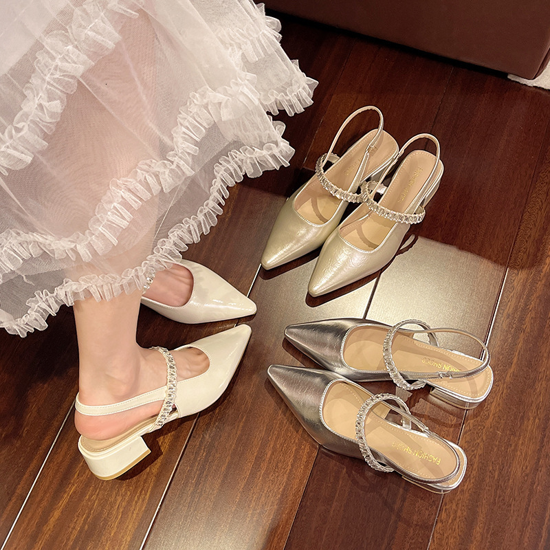 Ddmyoutdoor French Style Peep Rhinestone Strap For Women Thick Low Heel New Pointed Toe Open Back Mary Jane Sandals Outdoor Shoes