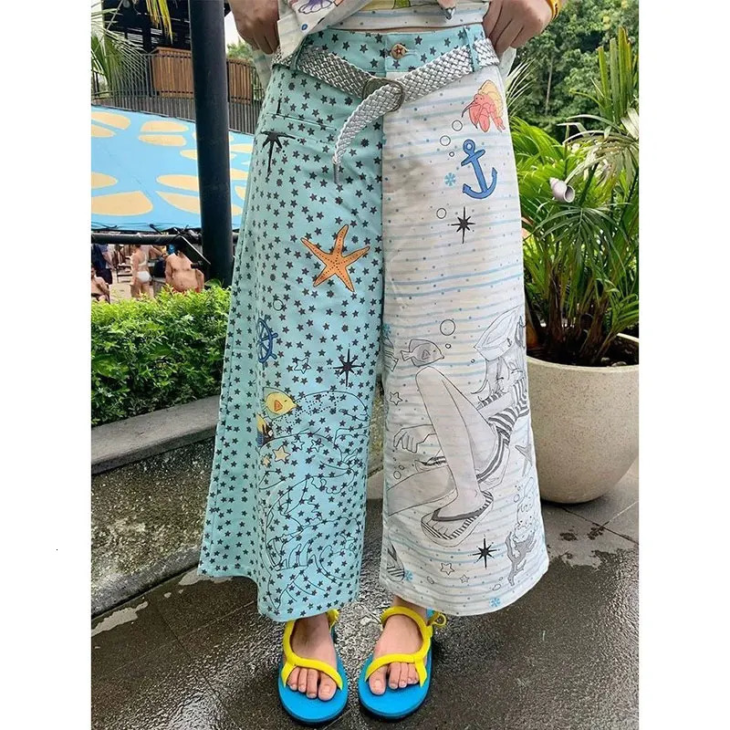 Womens Blue Baggy Parachute Harajuku Calf Length Wide Pants Oversize Sweatpants Y2k 2000s Vintage Trousers Clothes 613 H260209