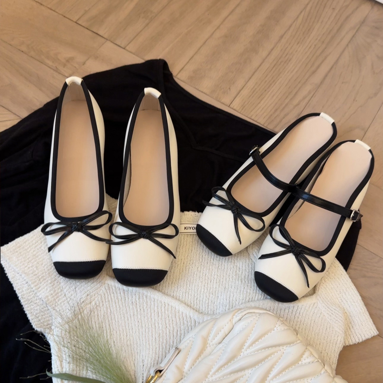Ddmysheep Ddmysheep Sheepskin Version Grape Mom Height Increasing Closed Toe For Women With Bowknot One Word Shallow Mouth Half Slippers Ballet Flats 