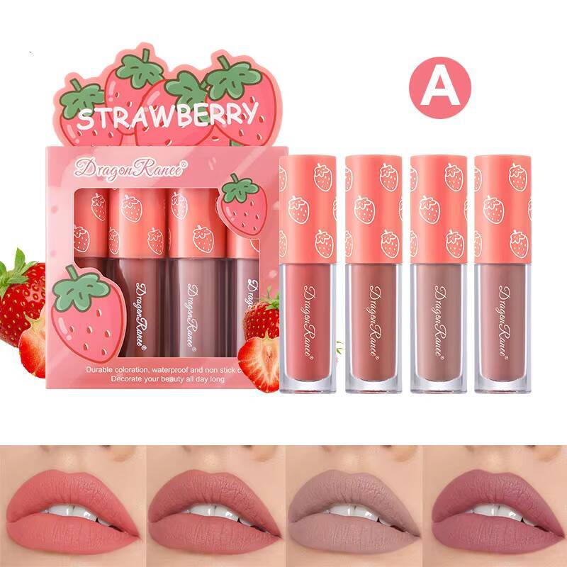 Mini Velvet Matte Gloss Set 4pcs Glaze Non-Stick Cup lipstick Long-Lasting Fruit Scented Lip Tint Makeup Lips Cosmetics happy