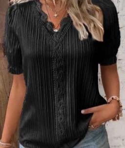 1pcs Summer Women TShirt Lady Short Sleeve Casual VNeck Tee Womens Pullover Lace Chiffon Shirt Female Holiday Fashion Tops 250614