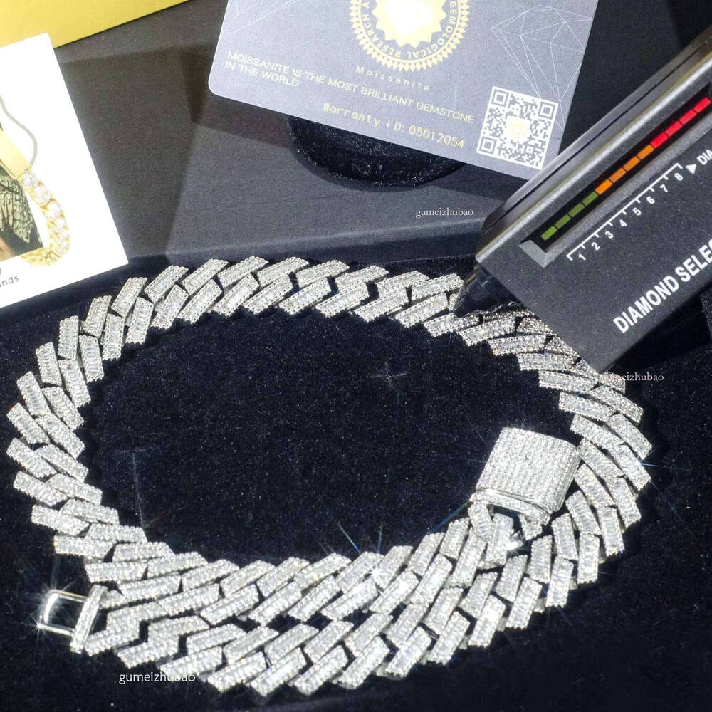 Factory Custom Heavy Big Hip Hop Rapper 12mm 14mm 15mm 18mm Vvs Moissanite Baguette Dia Cuban Link Chain Bracelet Sier