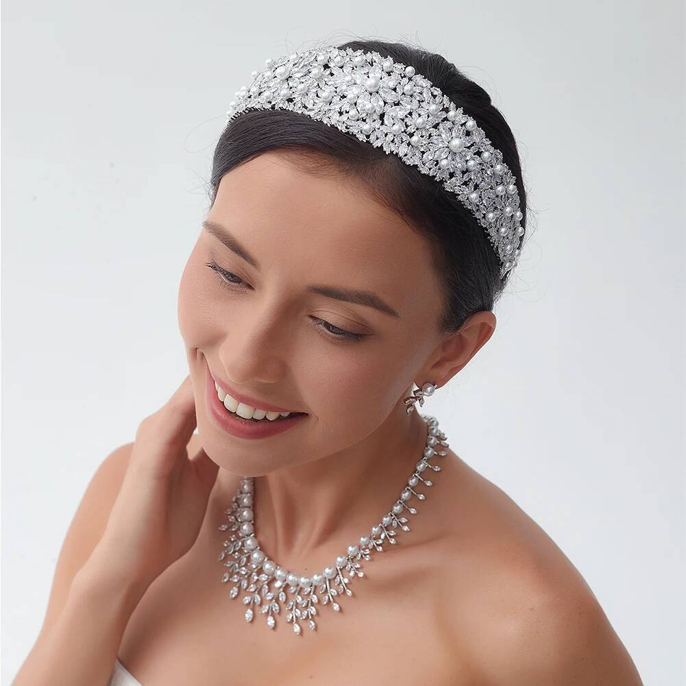 Bridal Pearl Headbands Female Glamour Crystal Tiara Wedding Flower Crown Hair Accessories Diadema Dress Jewelry