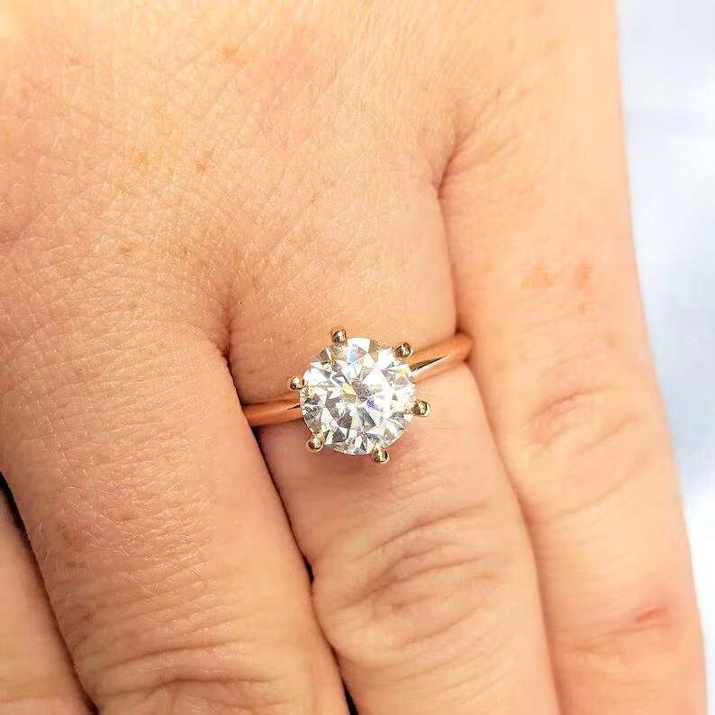 FOXI 6 Prong Round 14k Solid Rose Gold Engagement Ring 1.5 CT Moissanite Engagement Ring Solitaire Moissanite Diamond Ring
