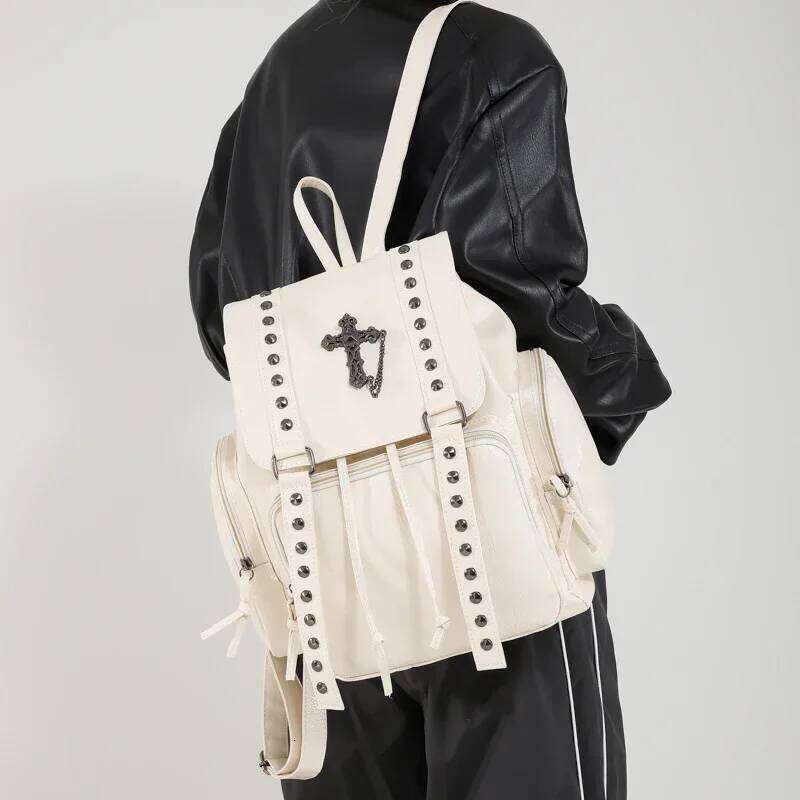 Y2k Backpack Women Gothic Punk PU Leather Shoulder Ladies Vintage Backpacks College Large Capacity SchoolBag