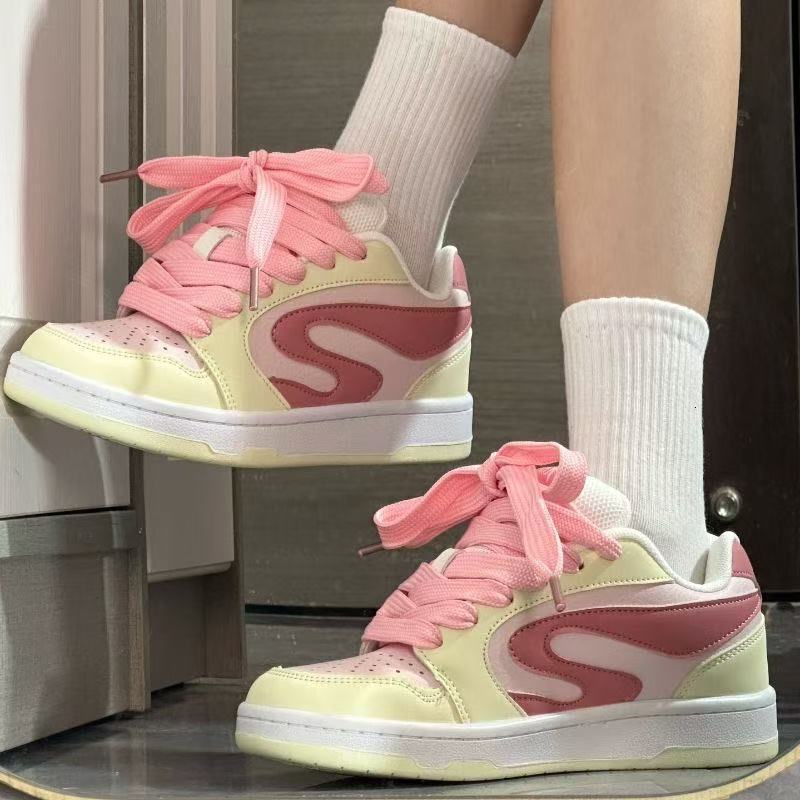 Ddmysports Thick Soled Height Increasing American High Street Style Pink Value Bread For Women Lightweight Sneakers Versatile Sports Casual Shoes Outd