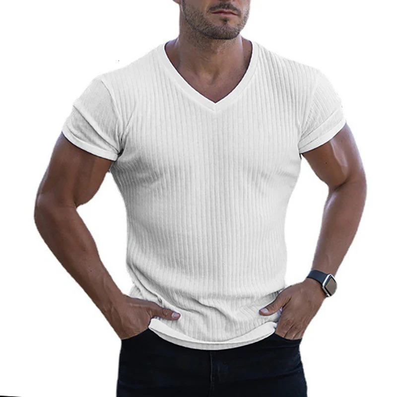 Mens V Neck Short Sleeve T Shirt Fitness Slim Fit Sports T-shirt Solid Fashion Strips Tees Tops Summer Knitted Gym Clothing 250529