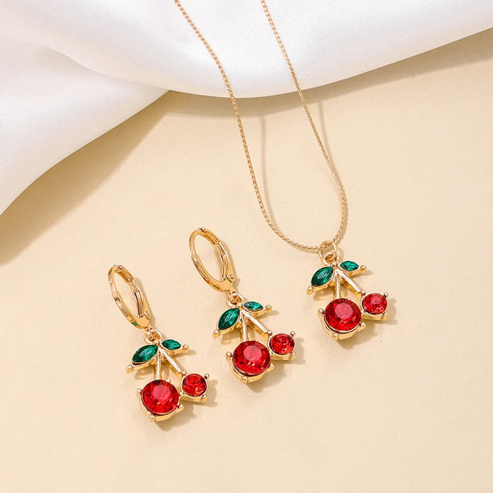 3PCS Cute Cherry Jewelry Set Hypoallergenic Necklace and Eearrings Daily Gift for Women 250609