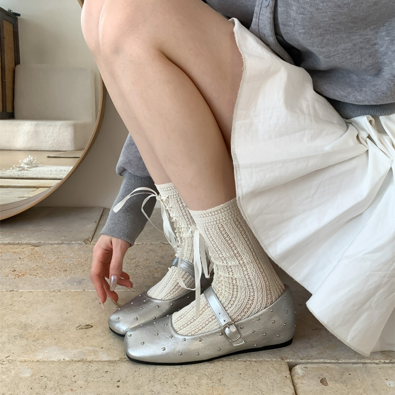 Ddmyoutdoor Studded Red Mary Jane For Women Spring New Square Toe Shallow Mouth Single Flat One Strap Small Leather Shoes Outdoor Shoes