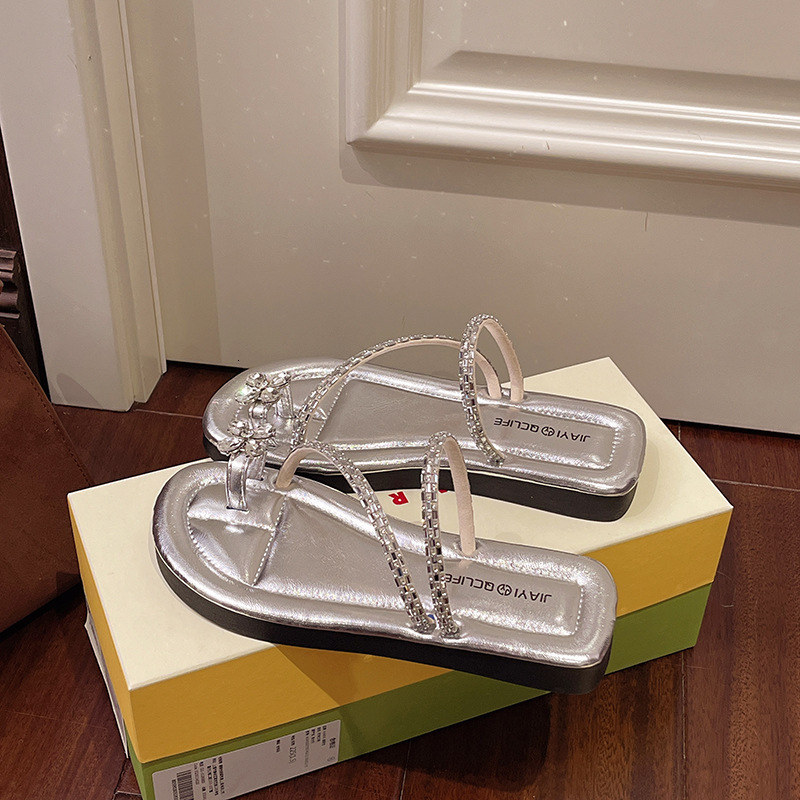 Ddmyoutdoor Flat French Style Toe Ring For Women New Summer Soft Sole Dress Shoes With Rhinestones Stunning Beach Sandals Outdoor Shoes