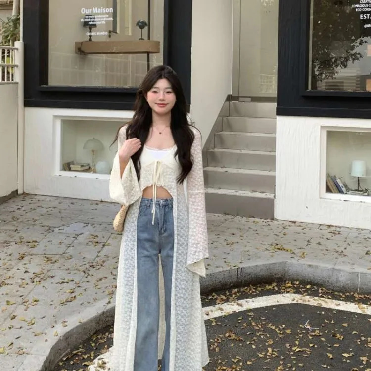 Summer Lace Oversized Cardigan Y2k EGirl Vneck Up Allmatch Shirts Mujer Midlength Long Sleeve Tops Women 250612