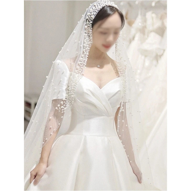 Romantic Trailing Cathedral Wedding Veil One-Layer Pearl Beading Headpiece 250603