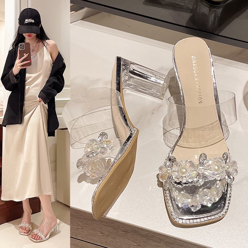 Ddmyoutdoor Trendy Crystal Block Heel Sandals For Women Summer New Fashion Square Open Toe Stunning High Heels Outdoor Shoes