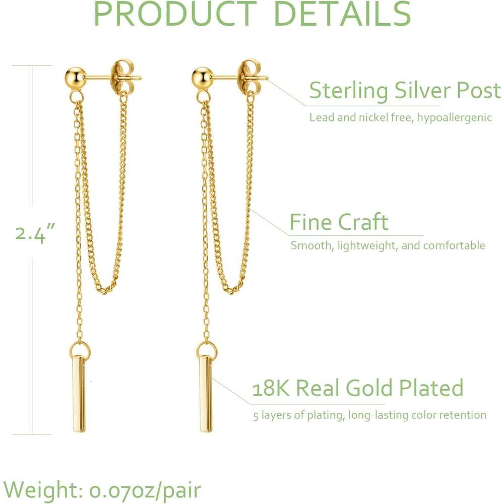 Chain Women Gold Plated Dainty Bar Drop Dangle Earrings Long Threader Earring Hypoallergenic Line Dangly Jewelry Gift for Teen Girls