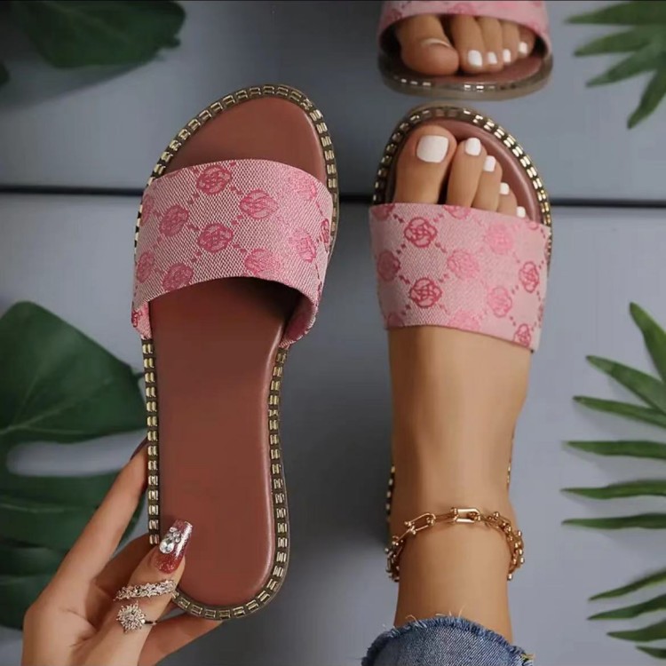 Free Shipping Designer Slippers 2025 Women's Flat Sole Single Strap Floral Embroidered Slide Sandals Beach Casual Shoes